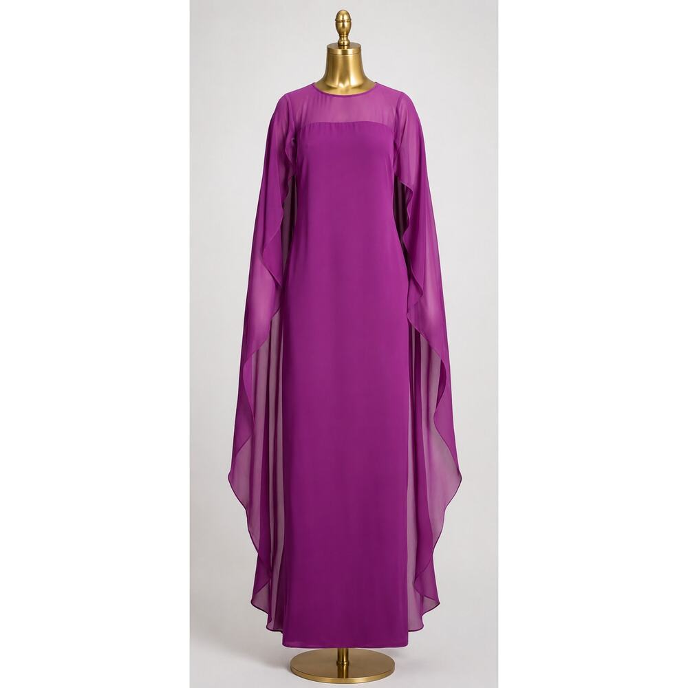 NEW RALPH LAUREN 4 Cape Sleeve Georgette Long Formal Dress Magenta Maxi Motherof - Picture 2 of 13